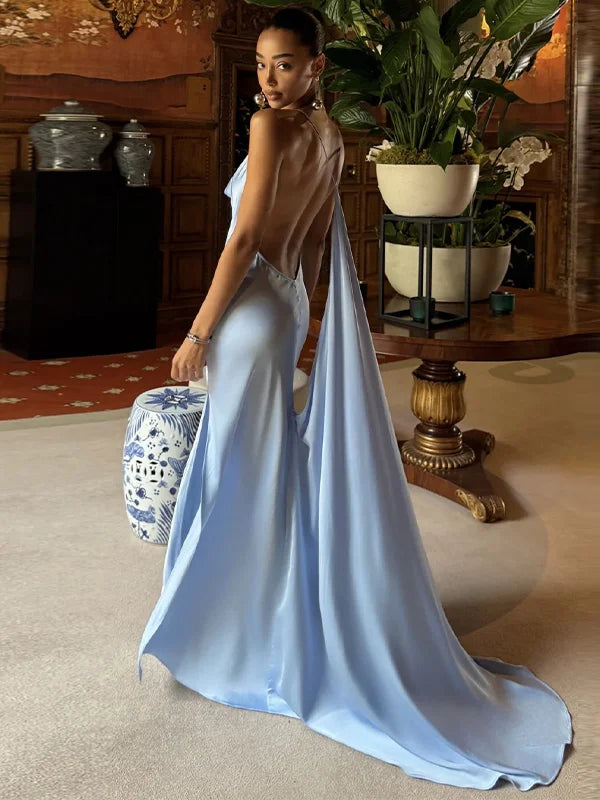 Elegant Satin Ribbon Backless Women's Long Dress Pleated V-neck Slit Beach Party Dresses 2026 Summer Lady Solid Evening Robes