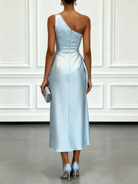 One-Shoulder Satin Ruched Midi Dress – Cocktail & Formal Dress