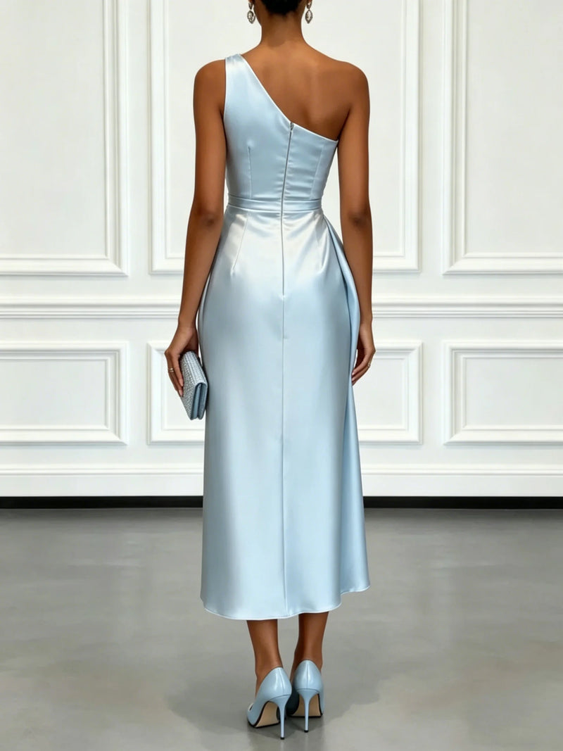 One-Shoulder Satin Ruched Midi Dress – Cocktail & Formal Dress