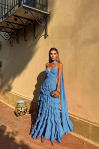 Tiered Ruffle Chiffon Ball Gown – Halter Sweetheart Prom Dress with Train