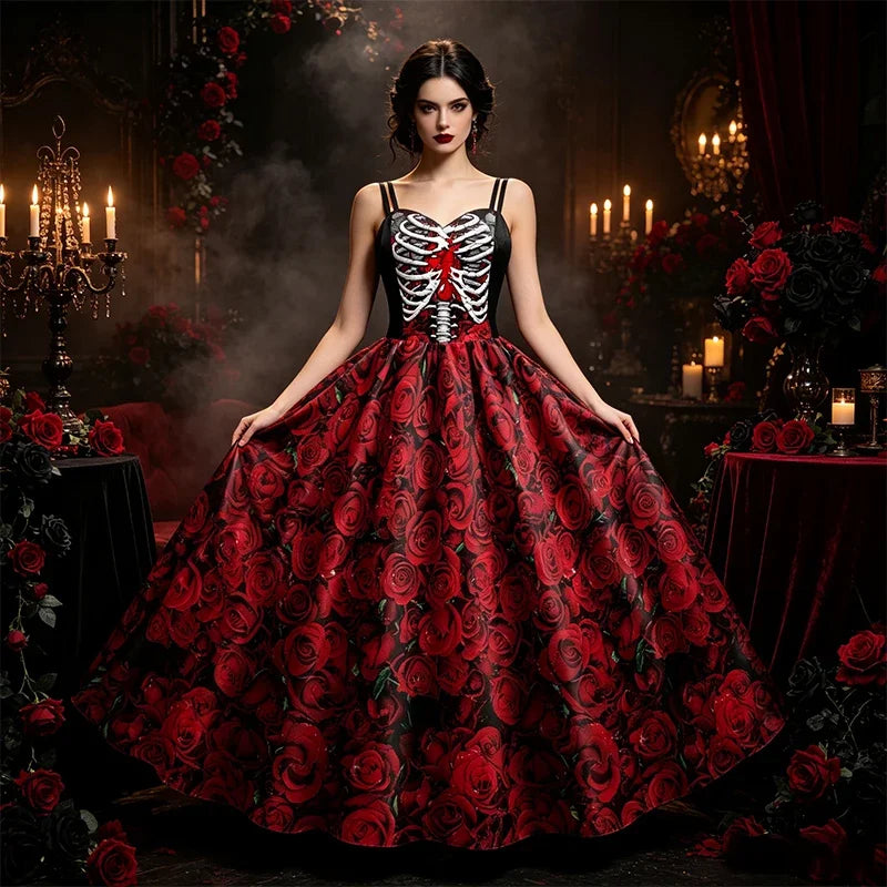 Women Halloween Skeleton Rose Dress Set Day of The Dead Cosplay Costume With Veil Crown Gloves For Carnival Party