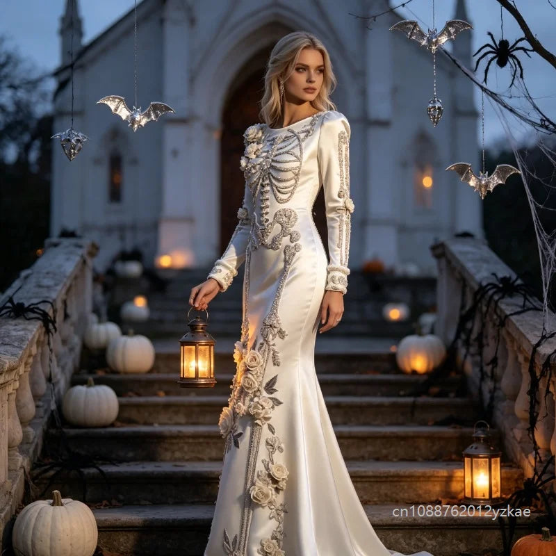 Halloween White Bone Skeleton Embroidered Long Sleeved Dress Dark Rose Printing Flower Slimming Holiday Party Dress 2026