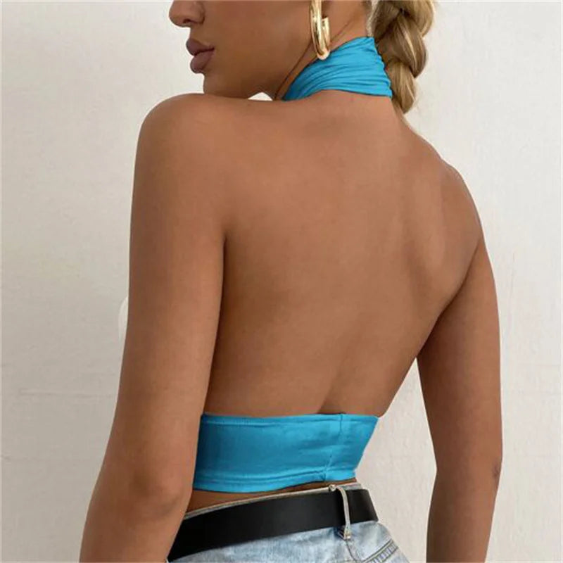 y2k Halter Top Women Summer Clothes Solid Color Sleeveless Backless Vest T Shirt 2000s Aesthetic Clothing Streetwear