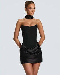 Red Strapless Corset Satin Mini Dress with Choker
