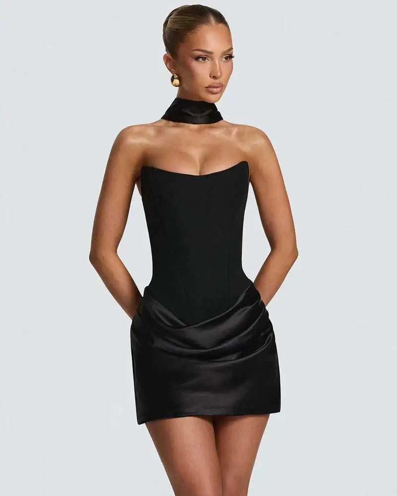 Red Strapless Corset Satin Mini Dress with Choker