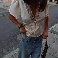 Lace-Trim Satin V-Neck Top
