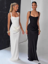 Ruched bandage bodycon maxi dress in white and black shown side by side