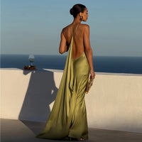 RibbonAura™ Satin Backless Pleated Maxi Dress