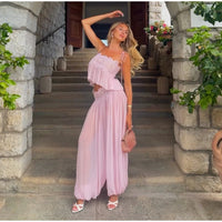 Women's Sheer Lace Backless Spaghetti Strap Top & Wide-Leg Pant Set – Beach Chic 2-Piece Suit