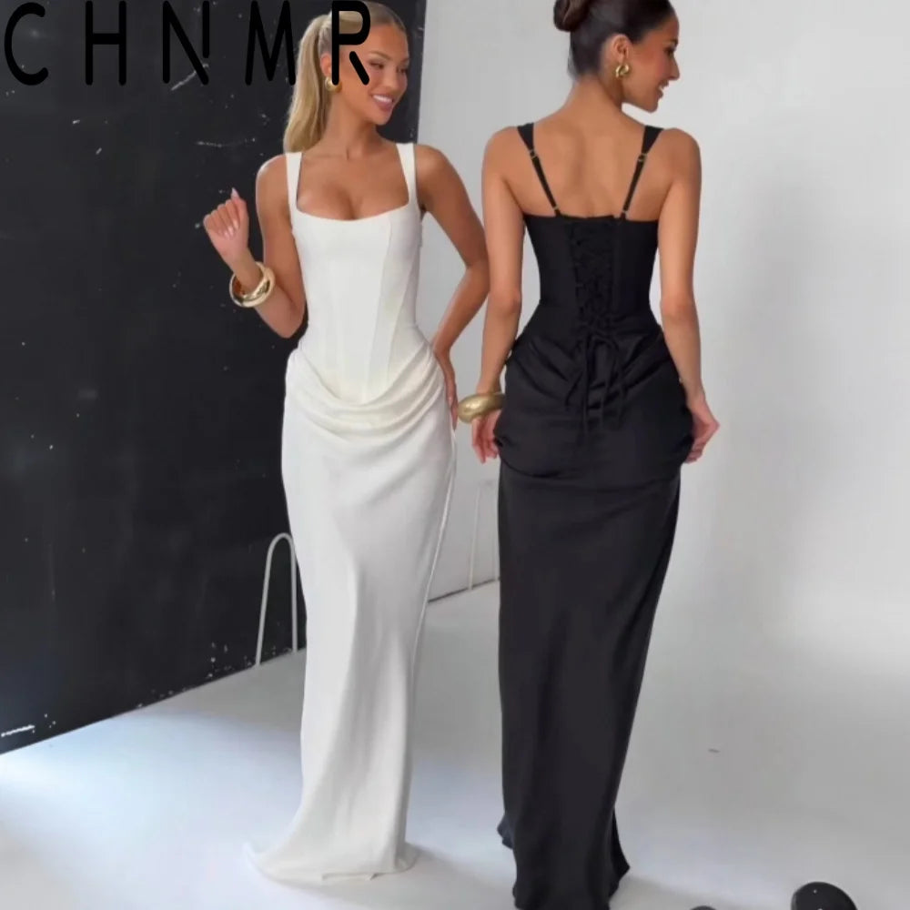 Backless Ruched Bandage Maxi Dress – U-Neck Bodycon Gown