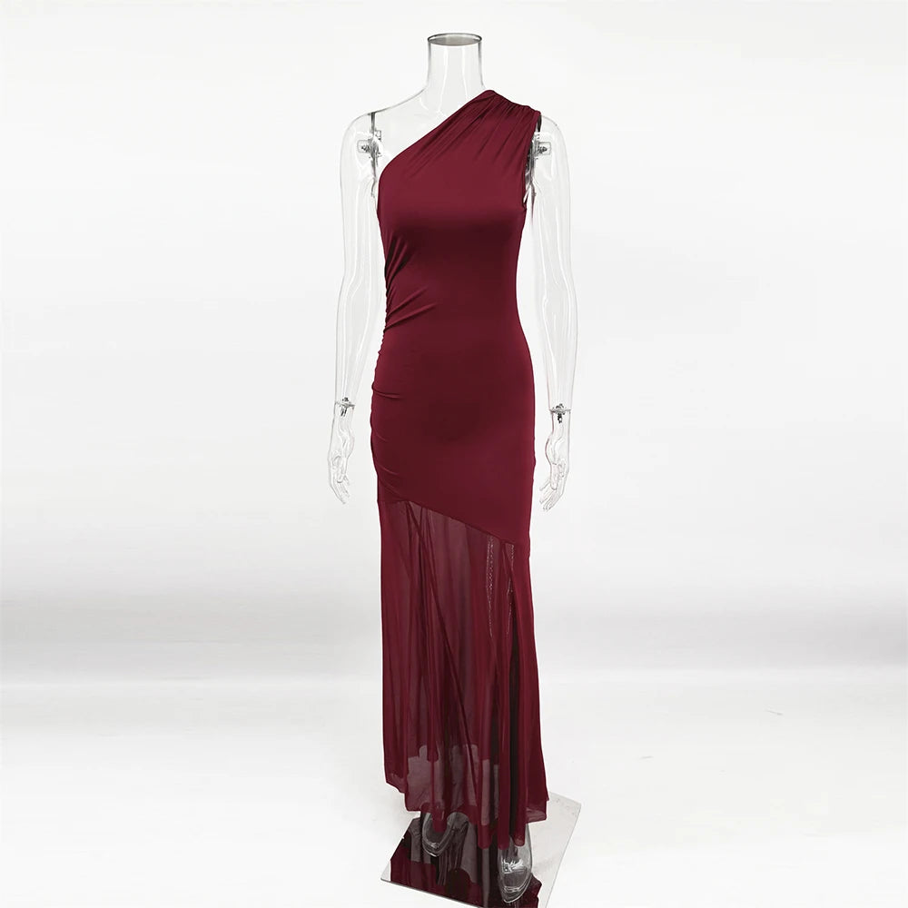 Ticketsx Off Shoulder See Through Dress Solid High Waist Patchwork Backless Slim Long Dress Women Vacation Party Evening Dresses