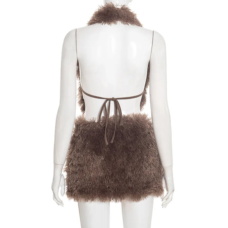 Faux Fur Halter Top & Mini Skirt Set