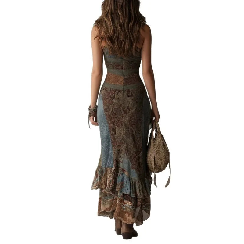 2026 New Retro Print Ruched High Split Ruffle Hem Long Dresses Woman Spring Sexy One Shoulder Slim Summer Party Boho Maxi Dress