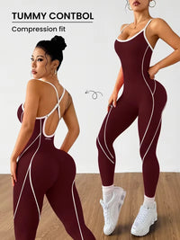 Contrast-Piping Open-Back Yoga Jumpsuit