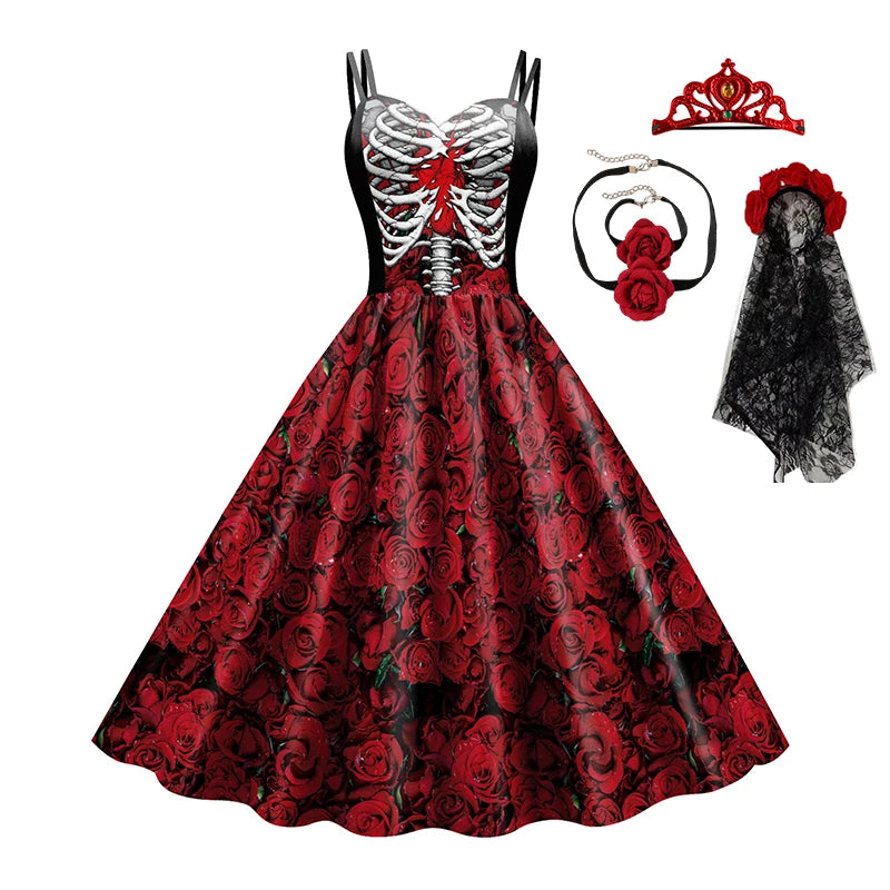Women Halloween Skeleton Rose Dress Set Day of The Dead Cosplay Costume With Veil Crown Gloves For Carnival Party