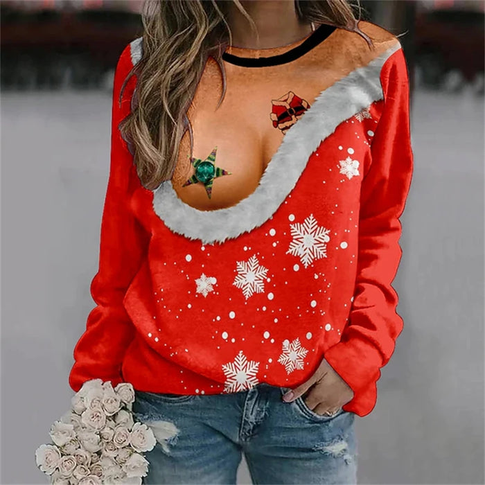 NaughtyNest Naughty Santa Red sweatshirt outdoor shot with roses