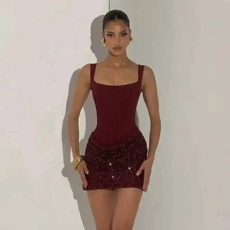 Burgundy Corset Sequin Mini Dress – Wine Party Dress