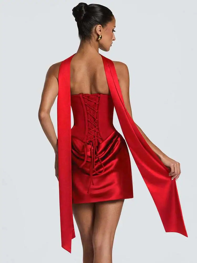 Red Strapless Corset Satin Mini Dress with Choker