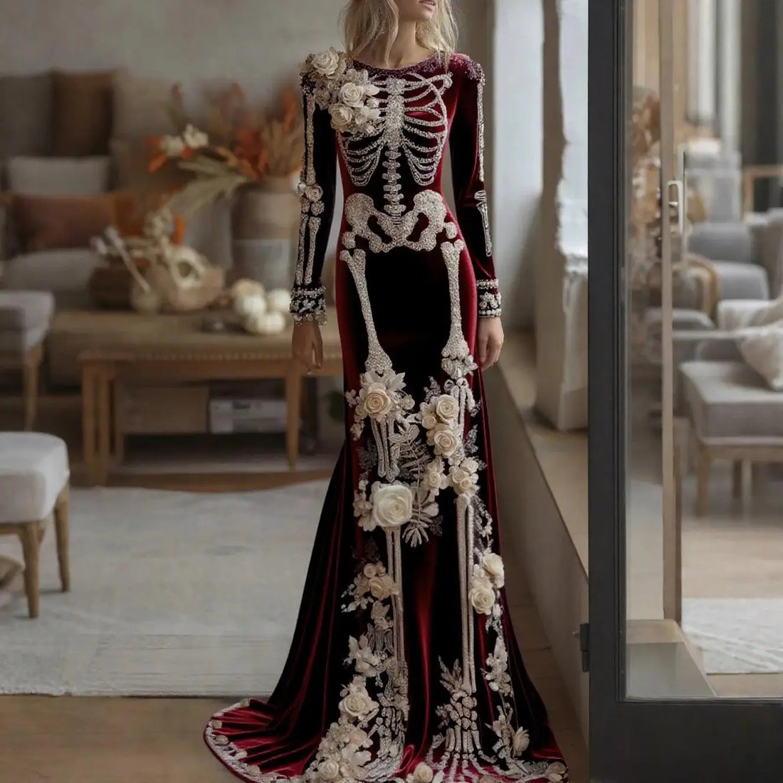 Halloween White Bone Skeleton Embroidered Long Sleeved Dress Dark Rose Printing Flower Slimming Holiday Party Dress 2026