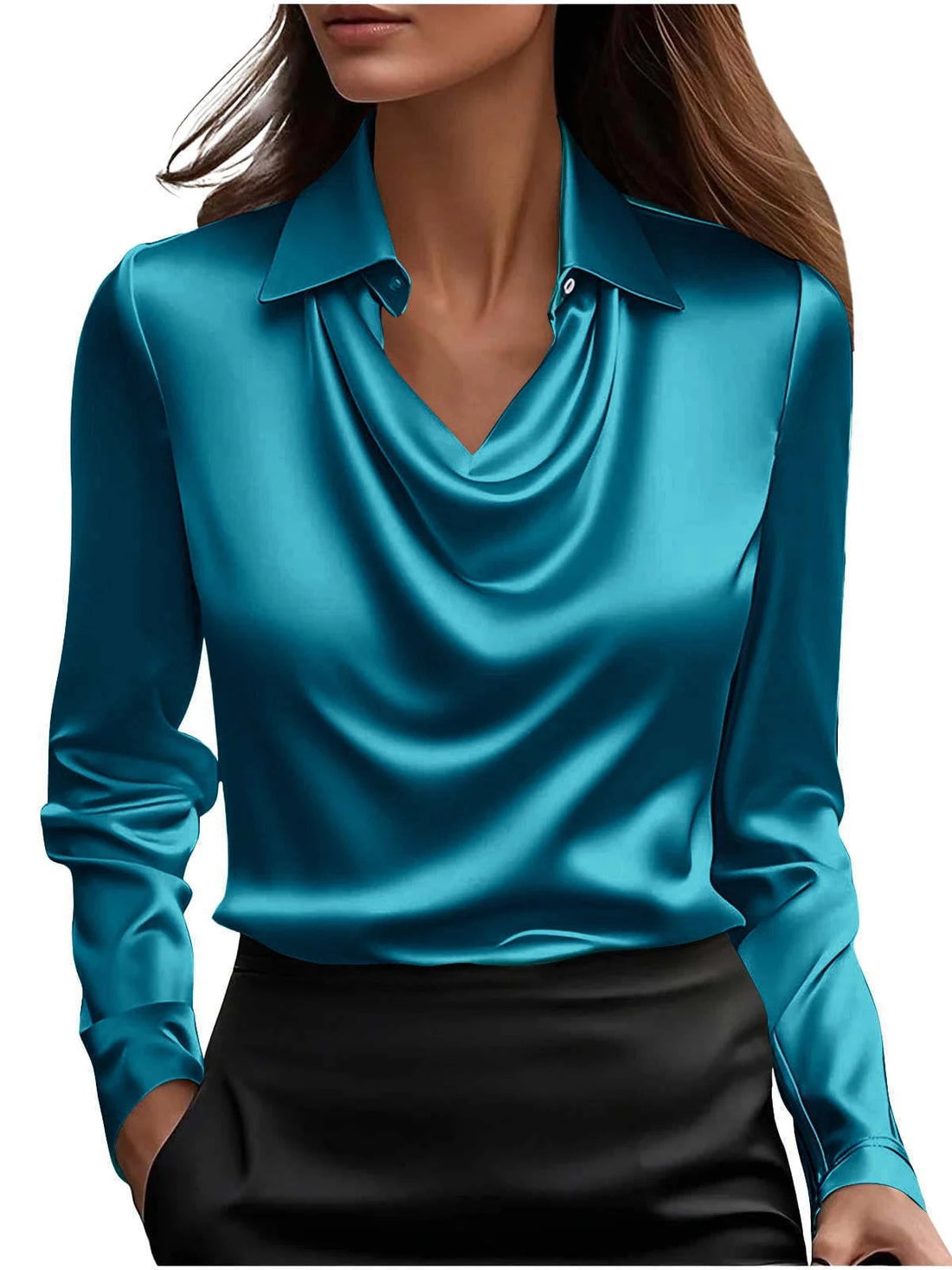 Satin V-Neck Blouse – Long Sleeve Loose Faux-Silk Shirt