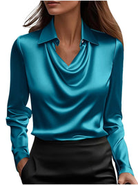Satin V-Neck Blouse – Long Sleeve Loose Faux-Silk Shirt