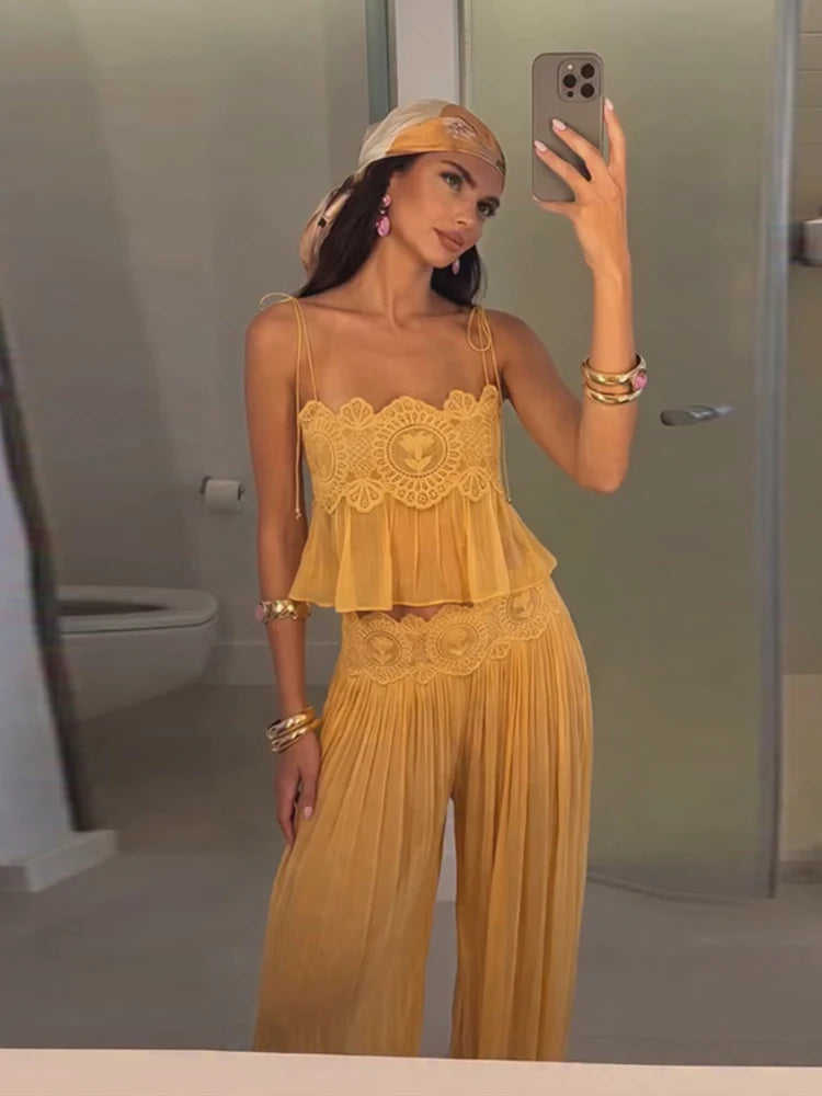 Women's Sheer Lace Backless Spaghetti Strap Top & Wide-Leg Pant Set – Beach Chic 2-Piece Suit