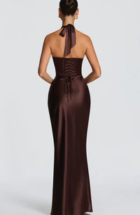 Olive Satin Plunge Halter Maxi Gown – Green Evening Dress