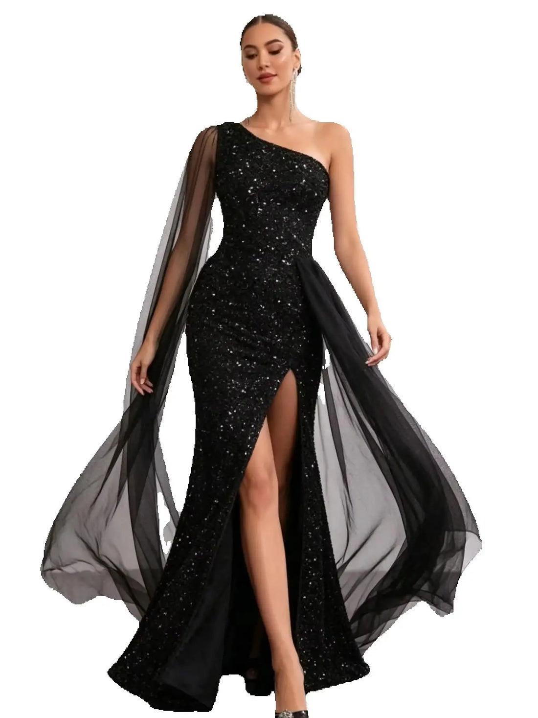 One-Shoulder Sequin Mermaid Gown – Tulle Panel Evening Dress