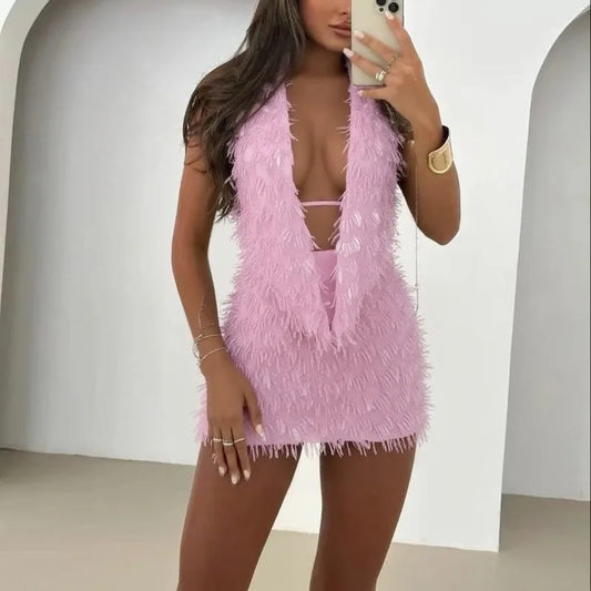 Deep V backless cami top and mini skirt set