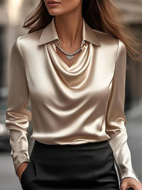 Satin V-Neck Blouse – Long Sleeve Loose Faux-Silk Shirt