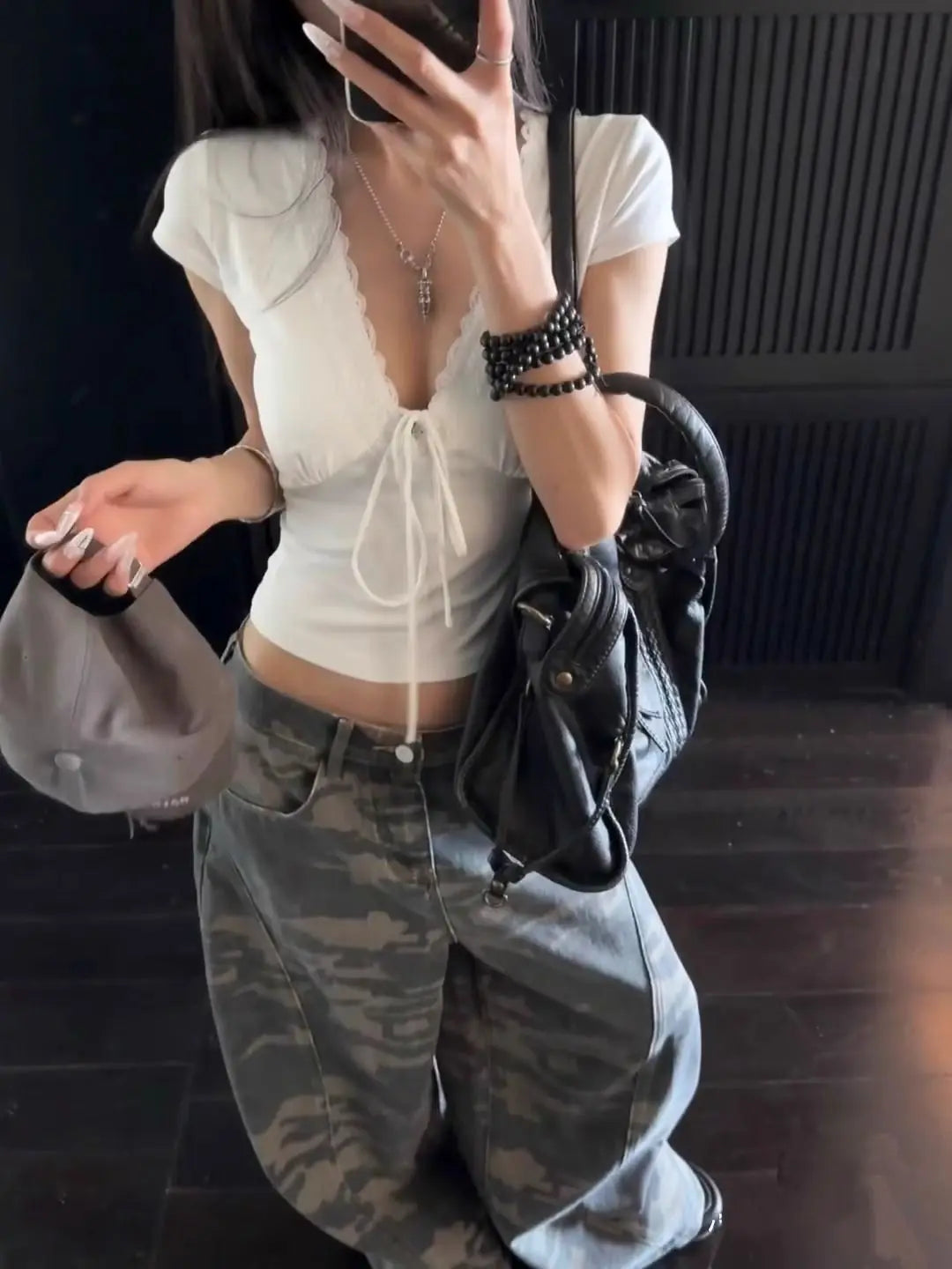 Lace-Trim Satin V-Neck Top