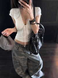 Lace-Trim Satin V-Neck Top