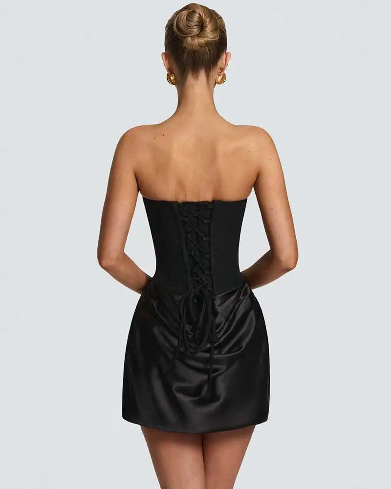 Red Strapless Corset Satin Mini Dress with Choker