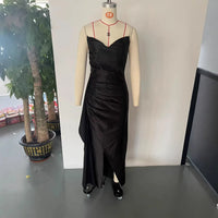Satin spaghetti strap maxi dress shown in black and blue