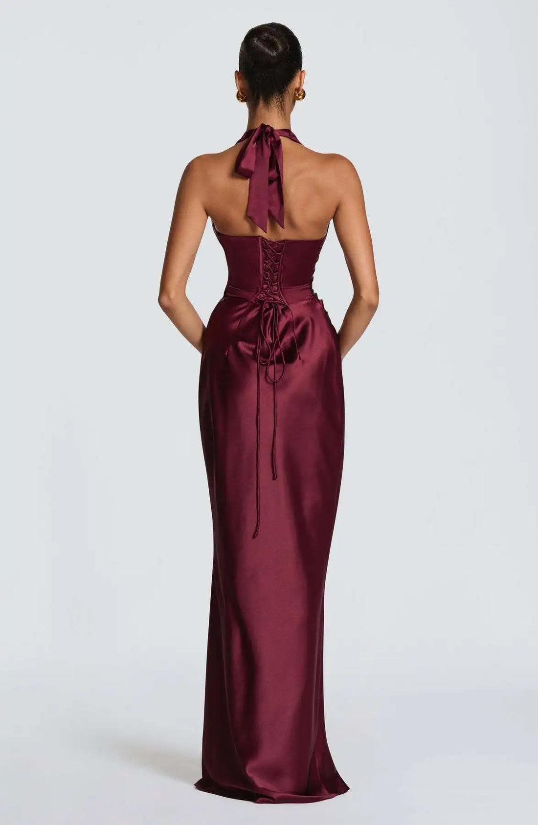 Olive Satin Plunge Halter Maxi Gown – Green Evening Dress