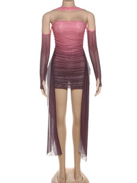 kliou Mesh Simple Women Mini Dress Fashion Solid Strapless Ribbons Tassel Body-shaping Vestidos+Seperately Full Sleeve Gloves