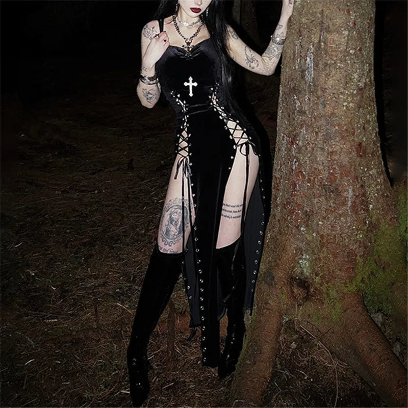 Goth Dark Punk Grunge High Split Hem Straps Dess 90s Streetwear Gown Women Sexy Corn Bandage Velvet Dresses Mall Gothic Clothing