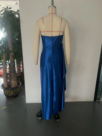 Satin Spaghetti Strap Maxi Dress – V-Neck Ruched High-Slit Gown