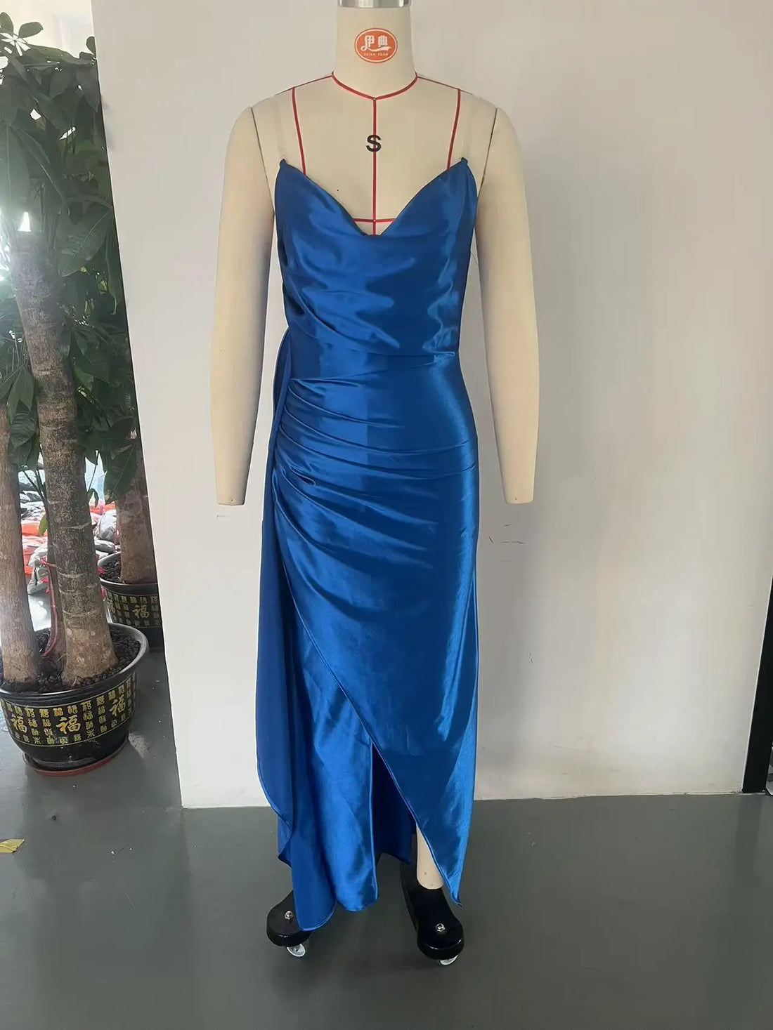 Satin Spaghetti Strap Maxi Dress – V-Neck Ruched High-Slit Gown