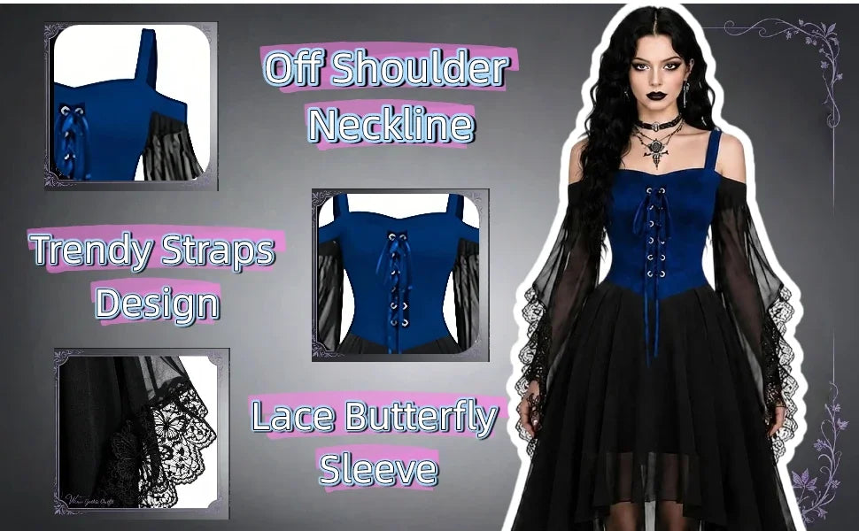 Women Medieval Gothic Vampire Witch Costume Butterfly Mesh Long Sleeve Irregular Hem Dress, For Halloween Carnival Theme Party