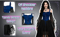 Women Medieval Gothic Vampire Witch Costume Butterfly Mesh Long Sleeve Irregular Hem Dress, For Halloween Carnival Theme Party