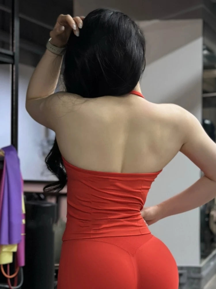 No Logo Seamless Longline Strappy Gym Top Backless Gym Clothes Women Scrunch Built-in Bra With Removable Cups Yoga Tank Tops