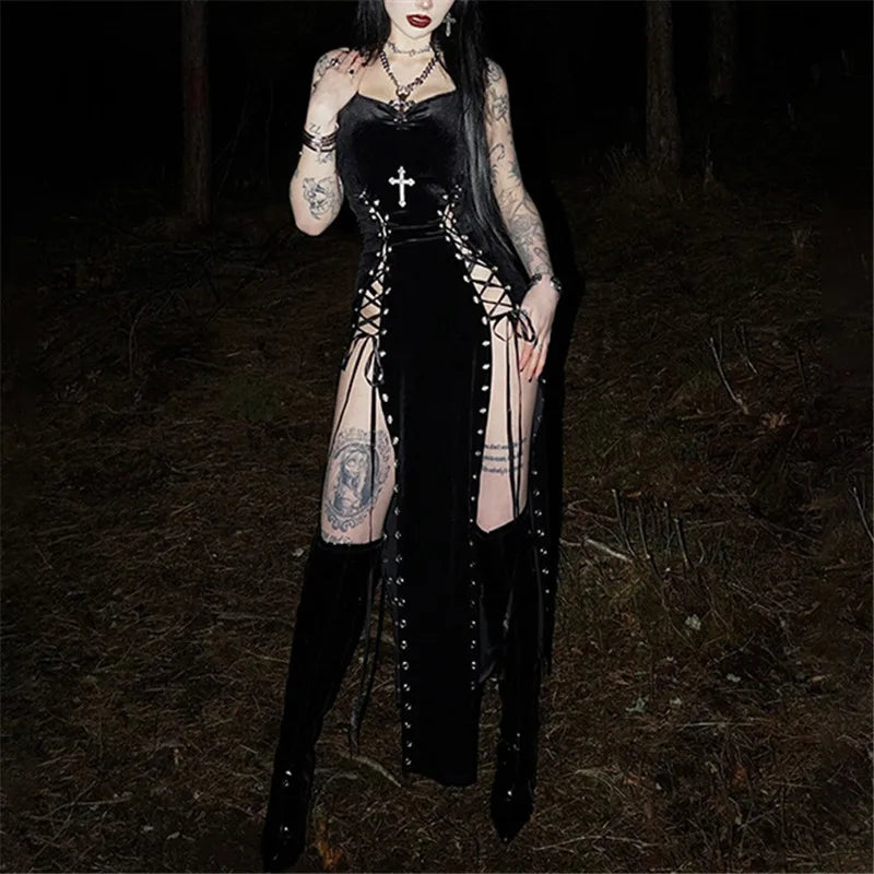 Goth Dark Punk Grunge High Split Hem Straps Dess 90s Streetwear Gown Women Sexy Corn Bandage Velvet Dresses Mall Gothic Clothing