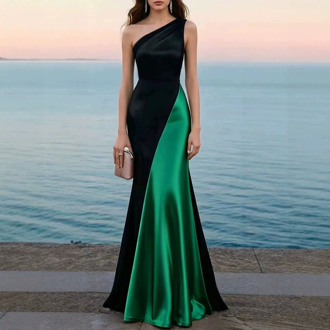 One-Shoulder Satin Mermaid Gown – Colour-Block Bodycon Dress