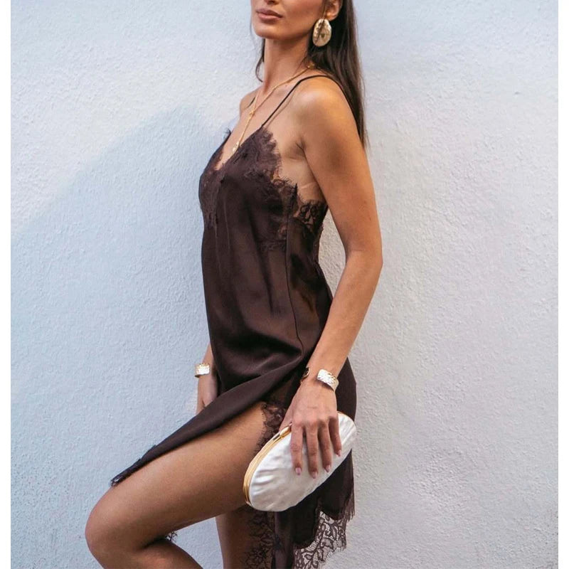 Satin Lace Backless Mini Dress