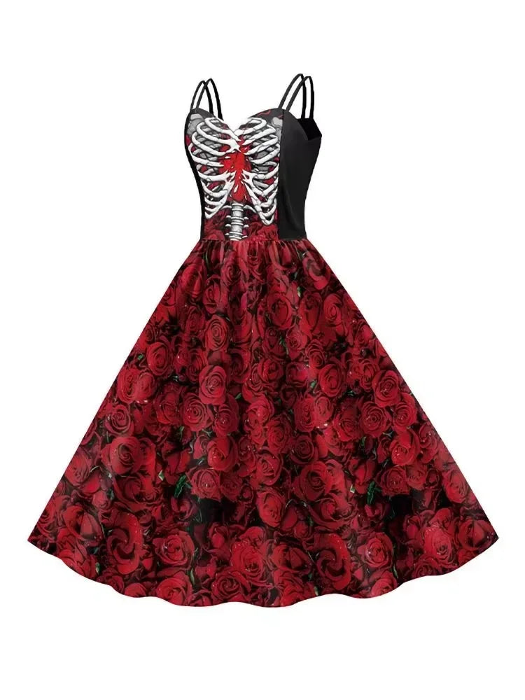 Women Halloween Skeleton Rose Dress Set Day of The Dead Cosplay Costume With Veil Crown Gloves For Carnival Party