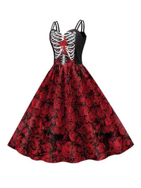 Women Halloween Skeleton Rose Dress Set Day of The Dead Cosplay Costume With Veil Crown Gloves For Carnival Party