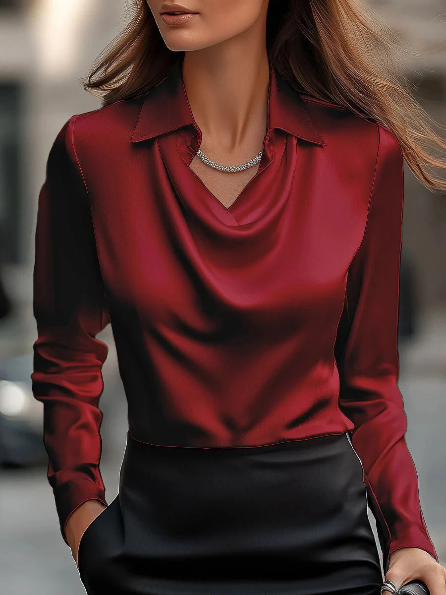 Satin V-Neck Blouse – Long Sleeve Loose Faux-Silk Shirt