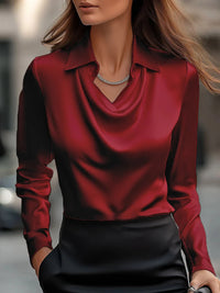Satin V-Neck Blouse – Long Sleeve Loose Faux-Silk Shirt