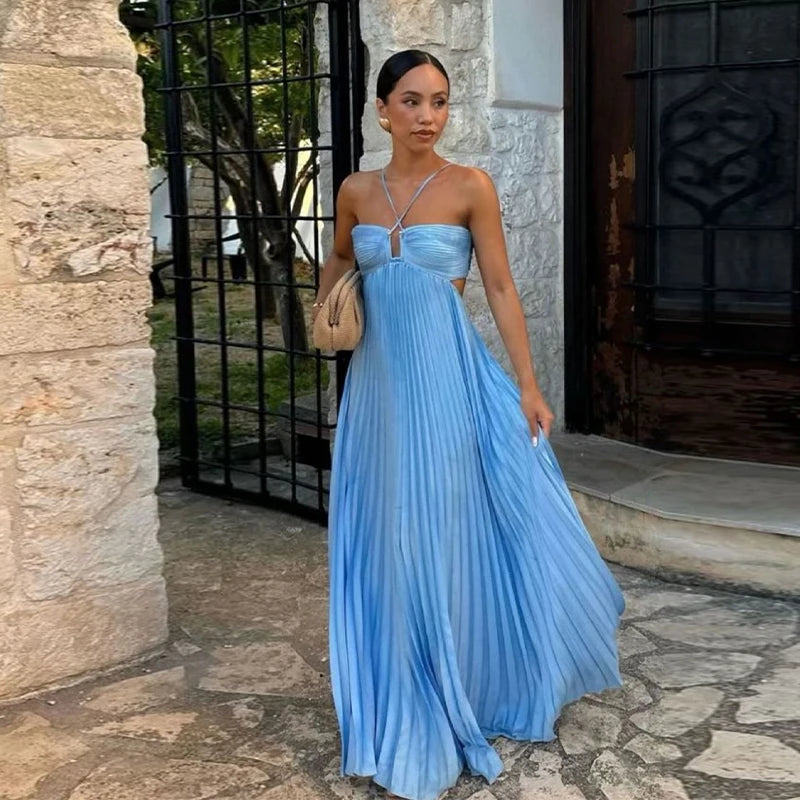 Pleated Cut-Out Maxi Dress – Sleeveless Backless Beach Dress